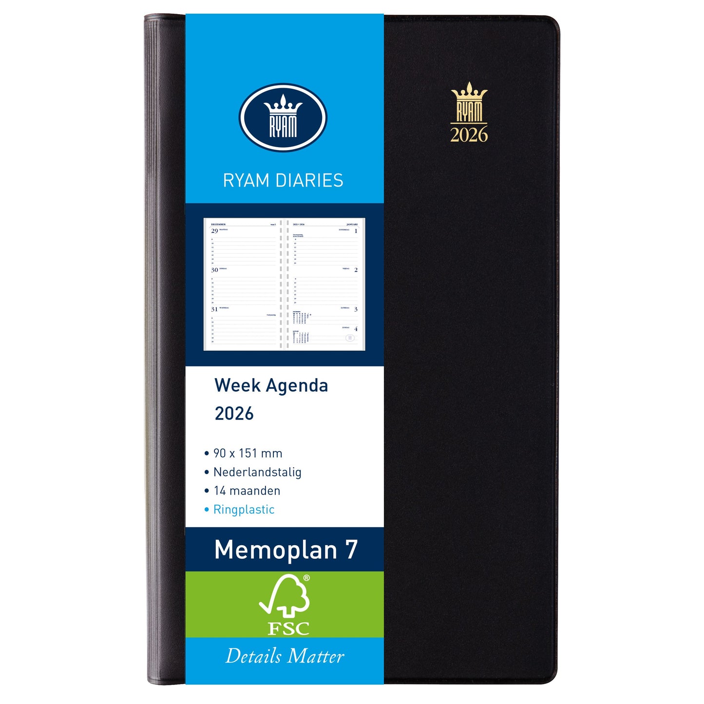 Ryam - Agenda 2026 Memoplan 7 Suprema anneau plastique 7 jours/2 pages noir