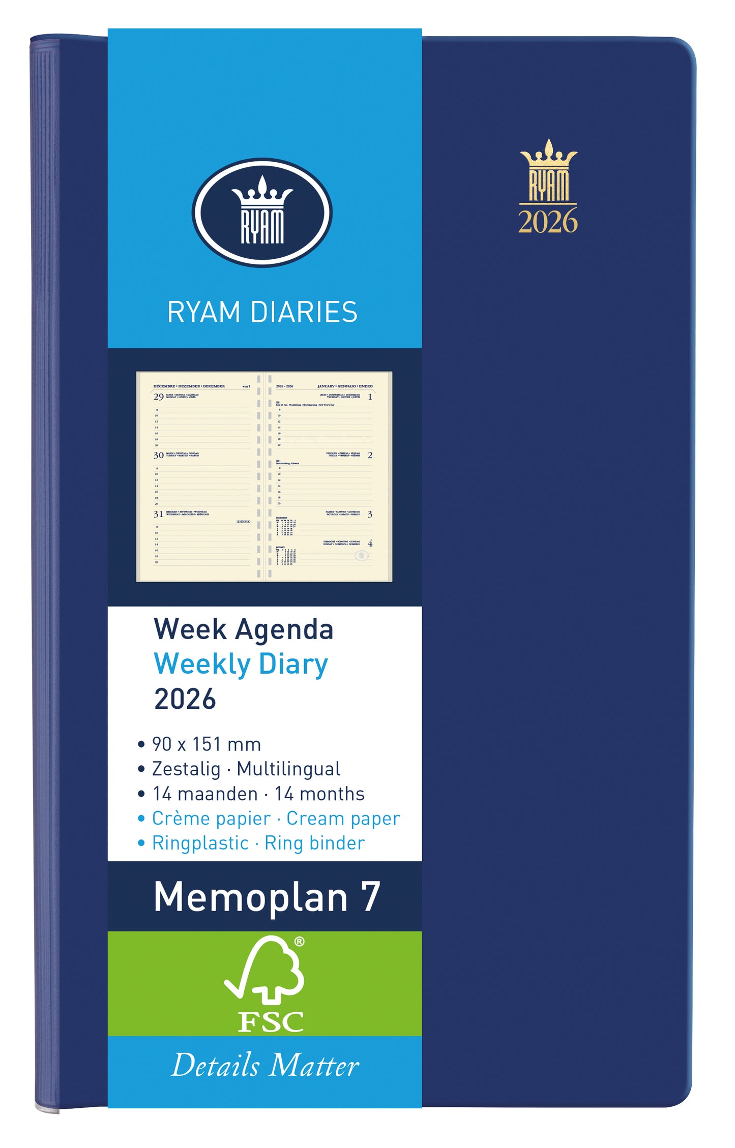 Ryam - Agenda 2026 Memoplan 7 Suprema 7 jours/2 pages anneau plastique assorti