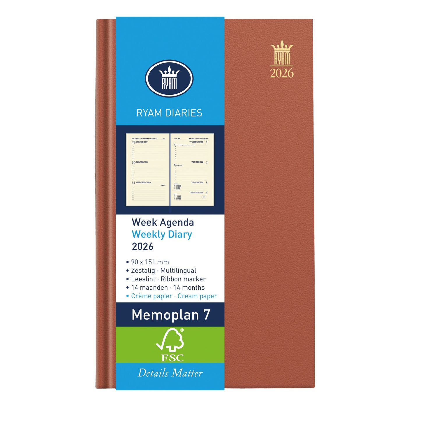 Ryam - Agenda 2026 Plan mémo 7 Nappa 7 jours/2 pages assortis