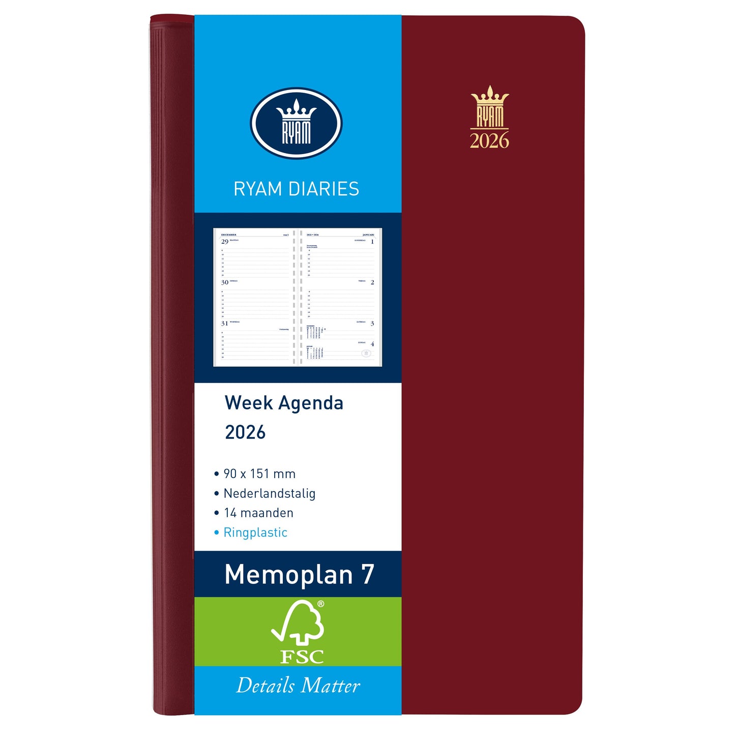 Ryam - Agenda 2026 Plan mémo 7 Suprema ringplasic 7 jours/2 pages bordeaux