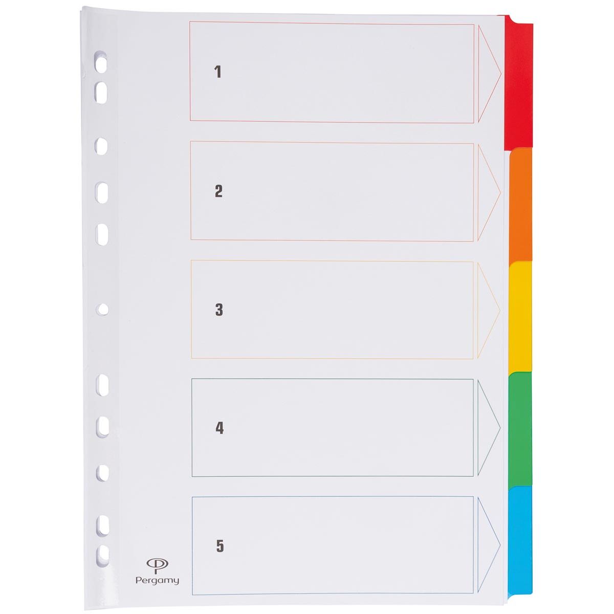 Pergamy - onglets avec feuille d'index, pi A4, perforatrice 11 trous, couleurs assorties, 5 onglets