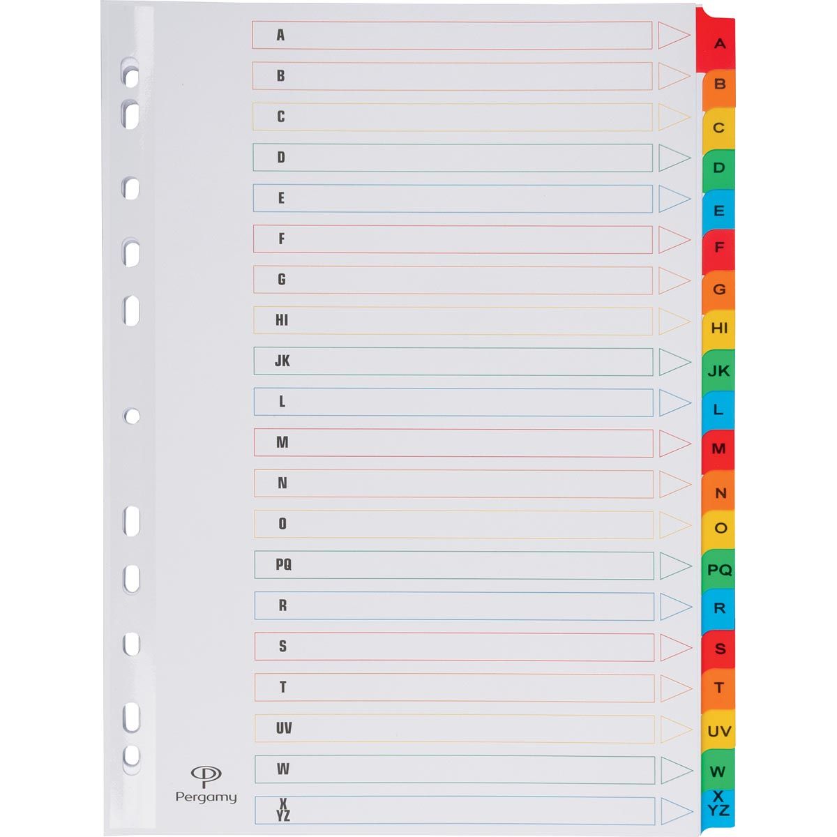 Pergamy - tabbladen met indexblad, ft A4, 11-gaatsperforatie, geassorteerde kleuren, A-Z 20 met tabs