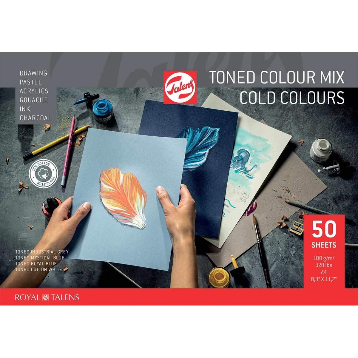 Talens - gekleurd tekenpapier, 180 g, ft 21 x 29,7 cm, A4, geassorteerde koude kleuren, blok van 50 vel