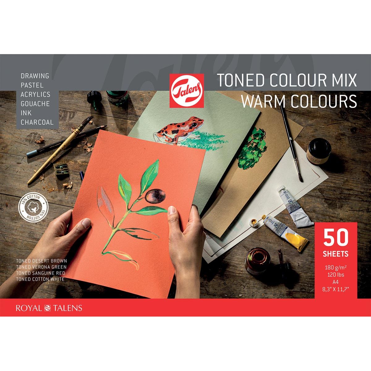 Talens – farbiges Zeichenpapier, 180 g, ft 21 x 29,7 cm, A4, verschiedene warme Farben, Block mit 50 Blatt