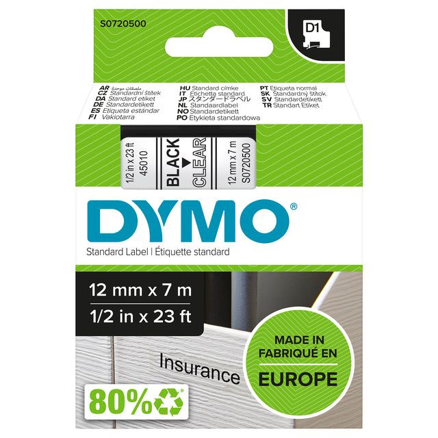 Dymo - Labele LabelManager D1 polyester 12mm noir sur transparent | 5 pièces