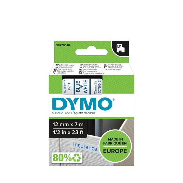 Dymo - Labele LabelManager D1 polyester 12mm bleu sur blanc | 5 pièces
