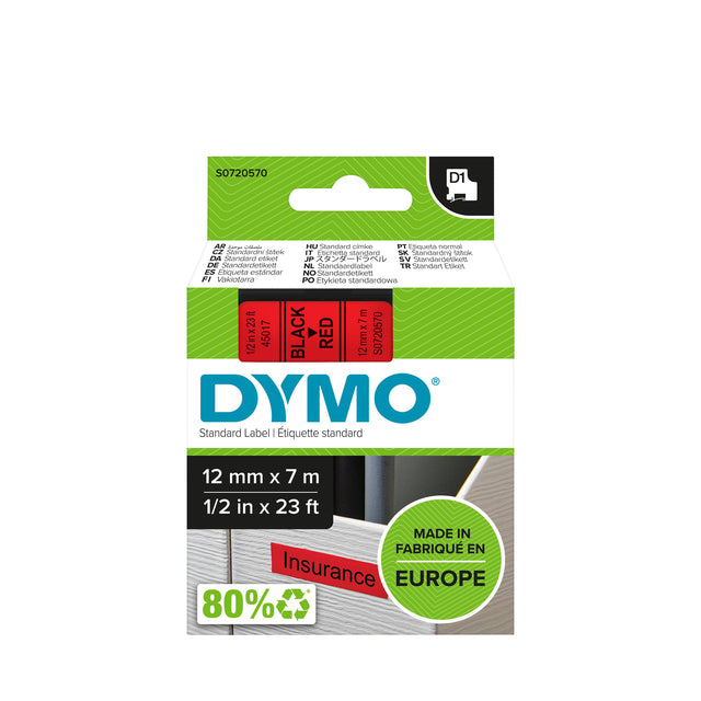 Dymo - Labele LabelManager D1 polyester 12mm noir sur rouge | 5 pièces