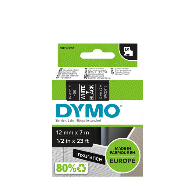 Dymo - Labele LabelManager D1 polyester 12mmx7m wit op zwart | 5 stuks