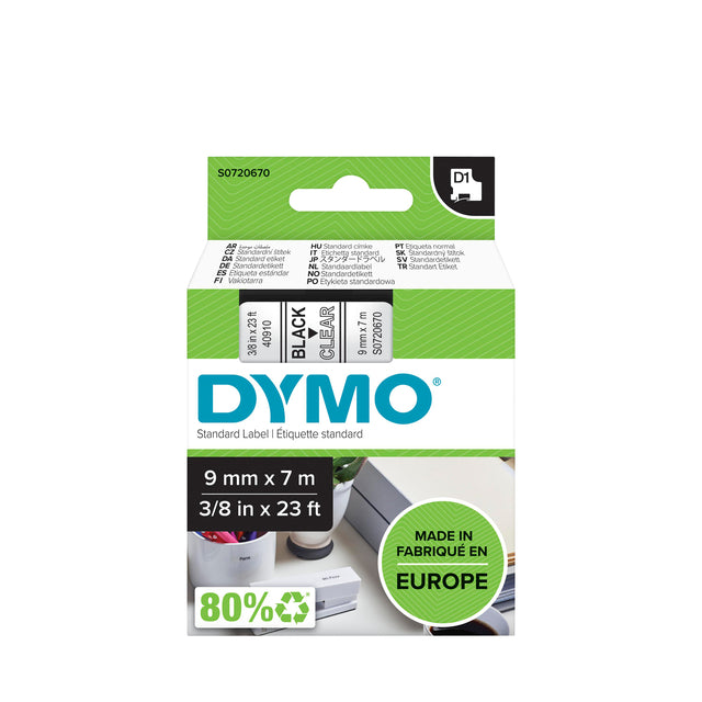 Dymo - Labele LabelManager D1 polyester 9mm zwart op transparant | 5 stuks