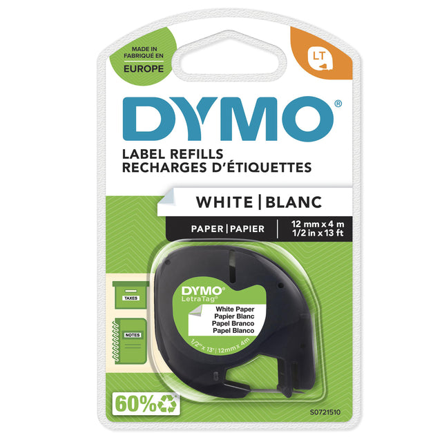 Dymo - Labele LetraTag papier 12mm zwart op wit