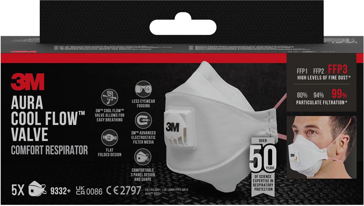 3M - Aura Comfort Cool Flow stofmasker, FFP3, met ventiel, pak van 5 stuks