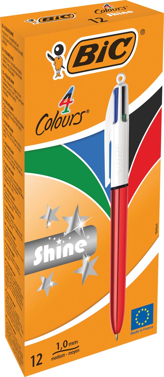 Bic – Colors Shine 4-Farben-Kugelschreiber, mittel, klassische Schreibfarben, Gehäuse metallic rot