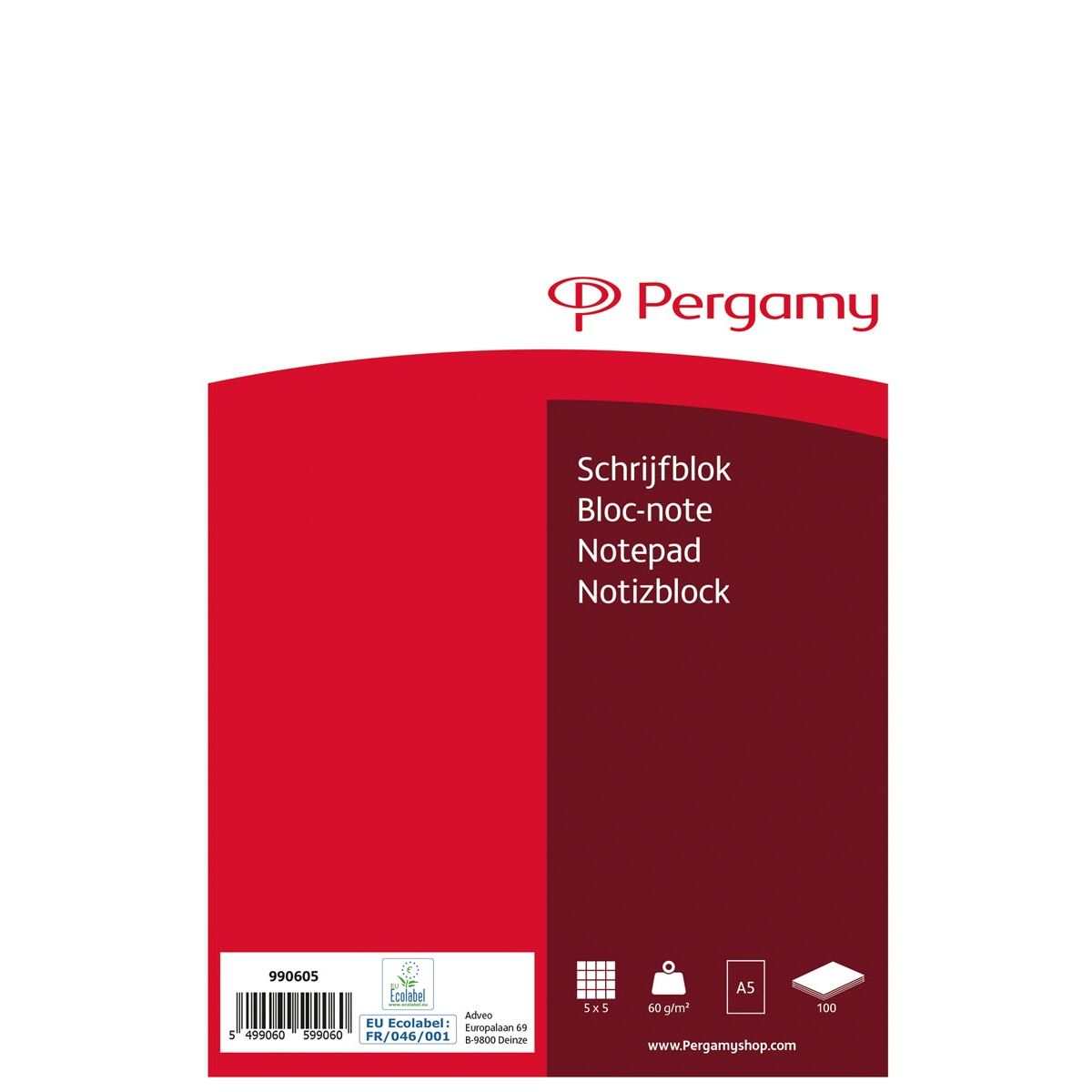 Pergamy - bloc-notes, 60 g/m², ft A5, 100 feuilles, quadrillées 5 mm