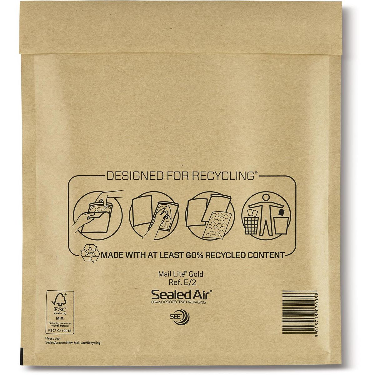Mail Lite - Luftpolsterumschläge, Gold, E/2, 220 x 260 mm, Karton mit 100 Stück