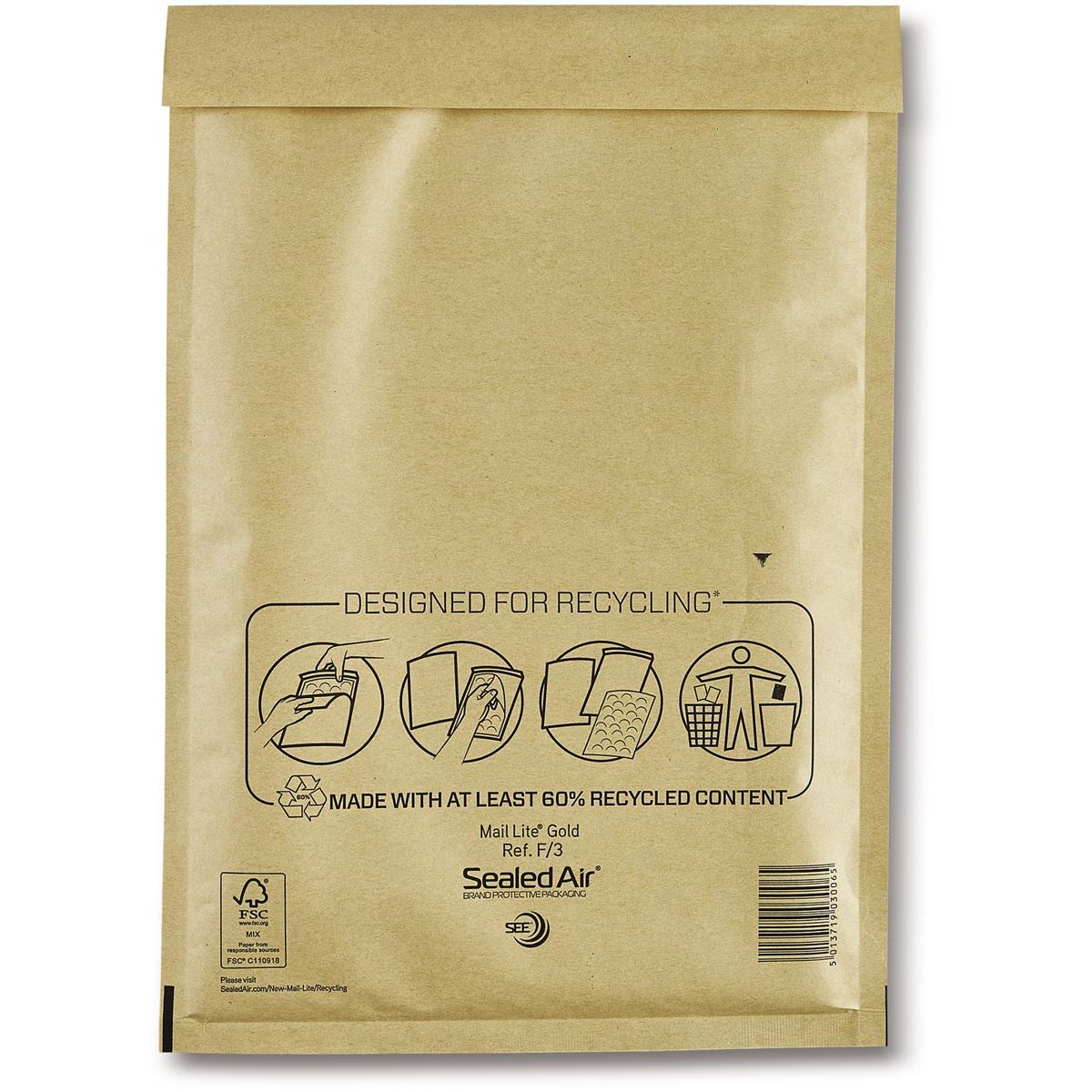 Mail Lite - Luftpolsterumschläge, Gold, F/3, 220 x 330 mm, Karton mit 50 Stück