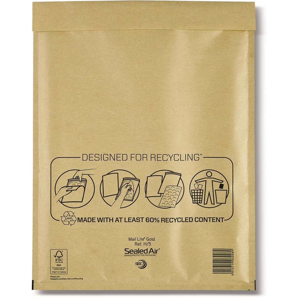 Mail Lite - Luftpolsterumschläge, Gold, H/5, 270 x 360 mm, Karton mit 50 Stück