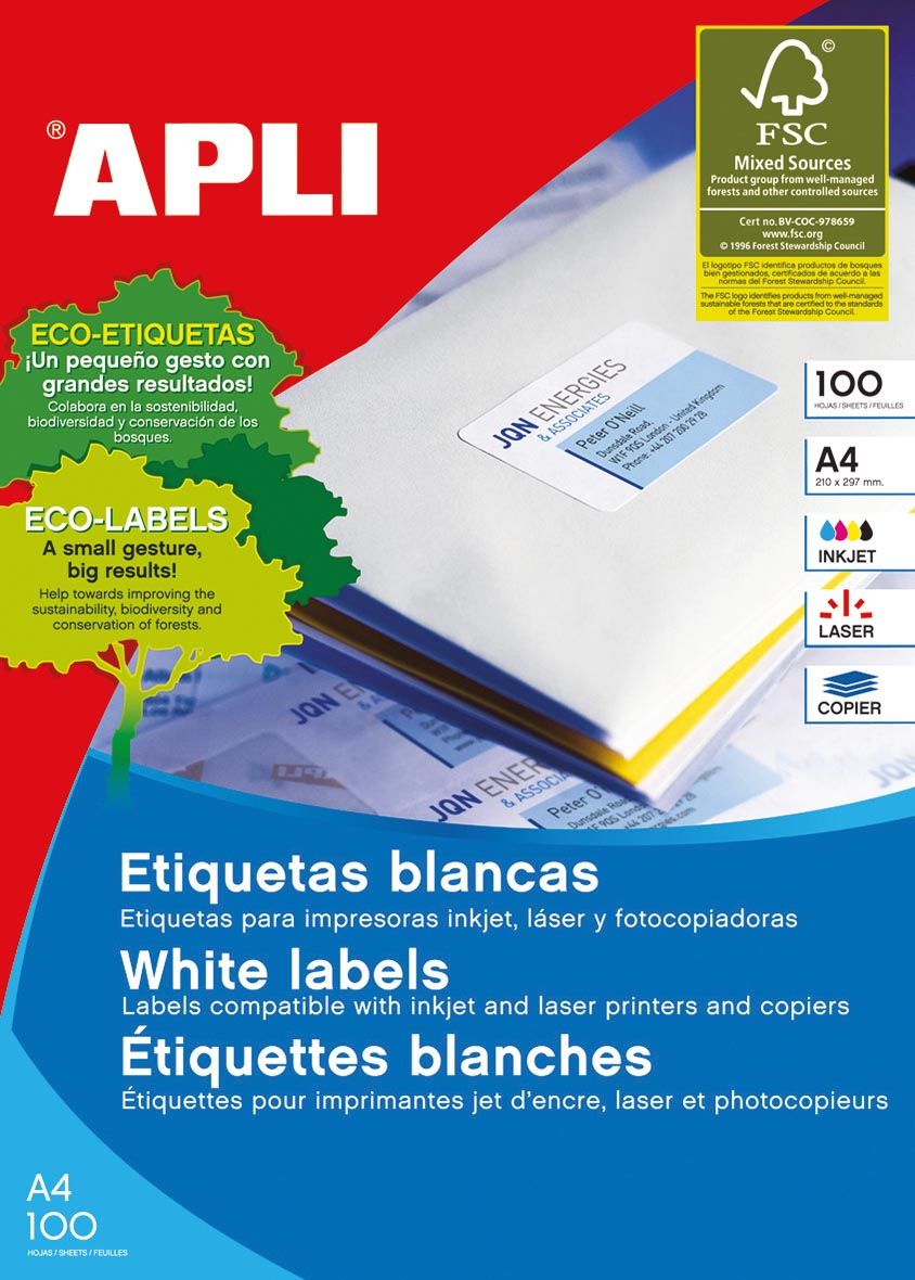Apli - Étiquettes blanches pi 105 x 42,4 mm (l x h), 1 400 pièces, 14 par feuille (1277)