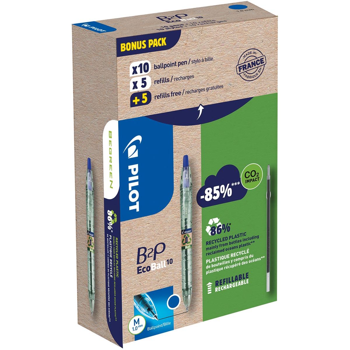 Pilot - Ecoball B2P BeGreen balpen, medium punt, 0,3 mm 10 stuks + 10 vullingen, blauw