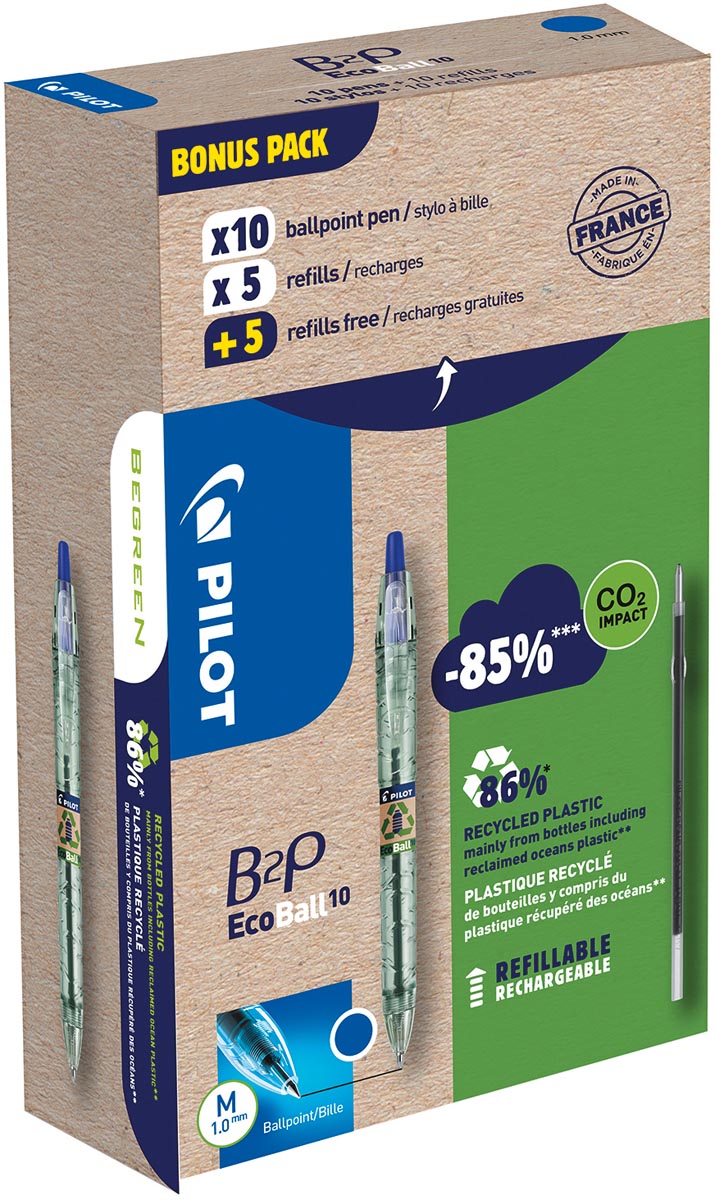 Pilot - Ecoball B2P BeGreen balpen, medium punt, 0,3 mm 10 stuks + 10 vullingen, blauw
