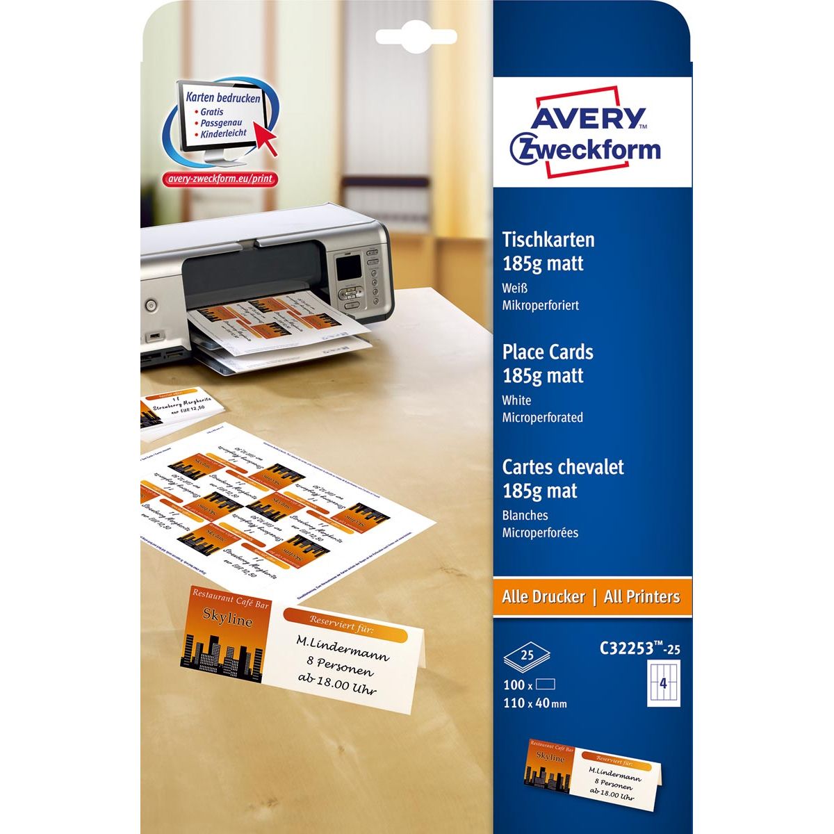 Avery Zweckform - bedrukbare naamkaarten, doos van 100 stuks (ft 110 x 40 mm)