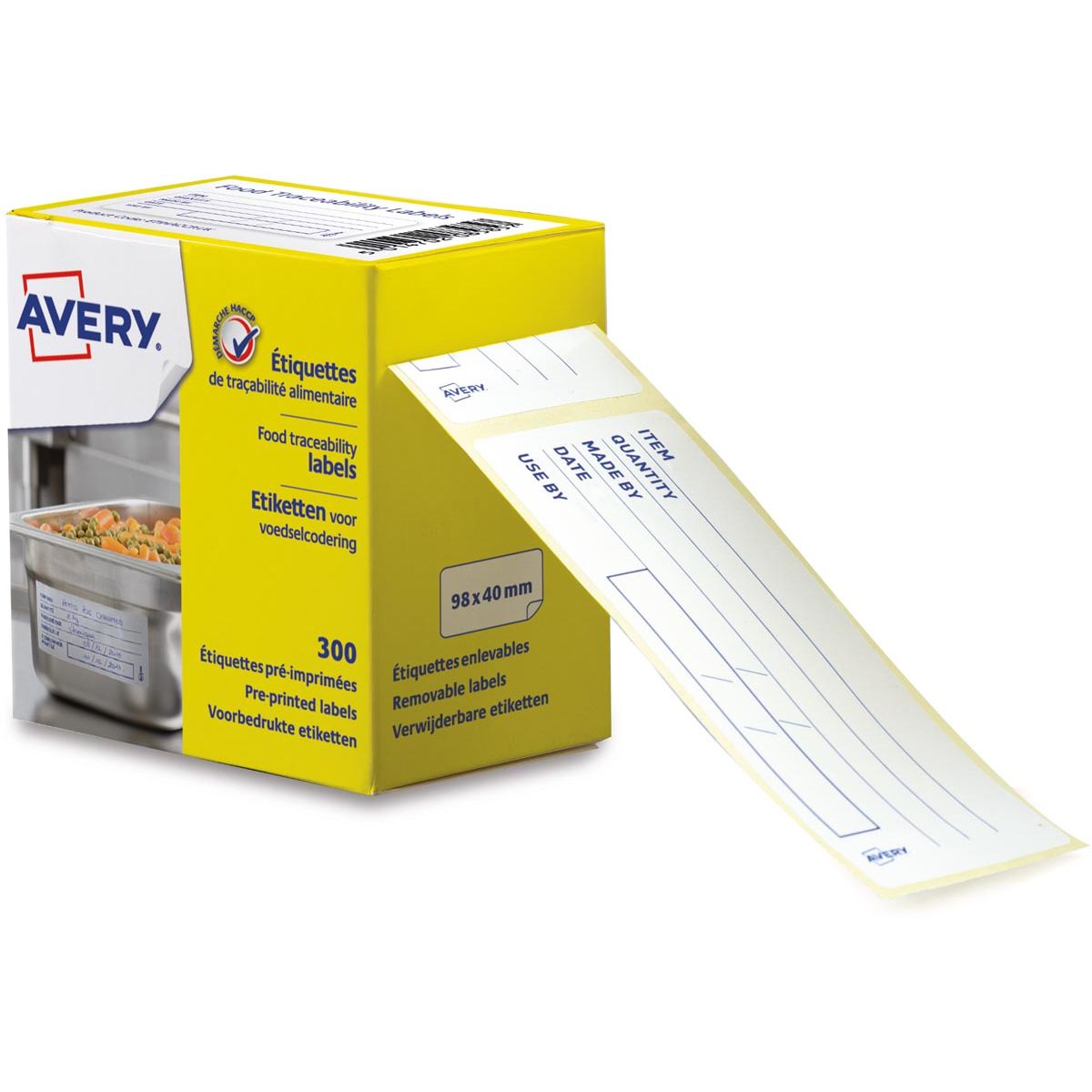 Avery - etiketten voedselcodering, HACCP, ft 98 x 40 mm, dispenser van 300 afscheurbare etiketten, Engels