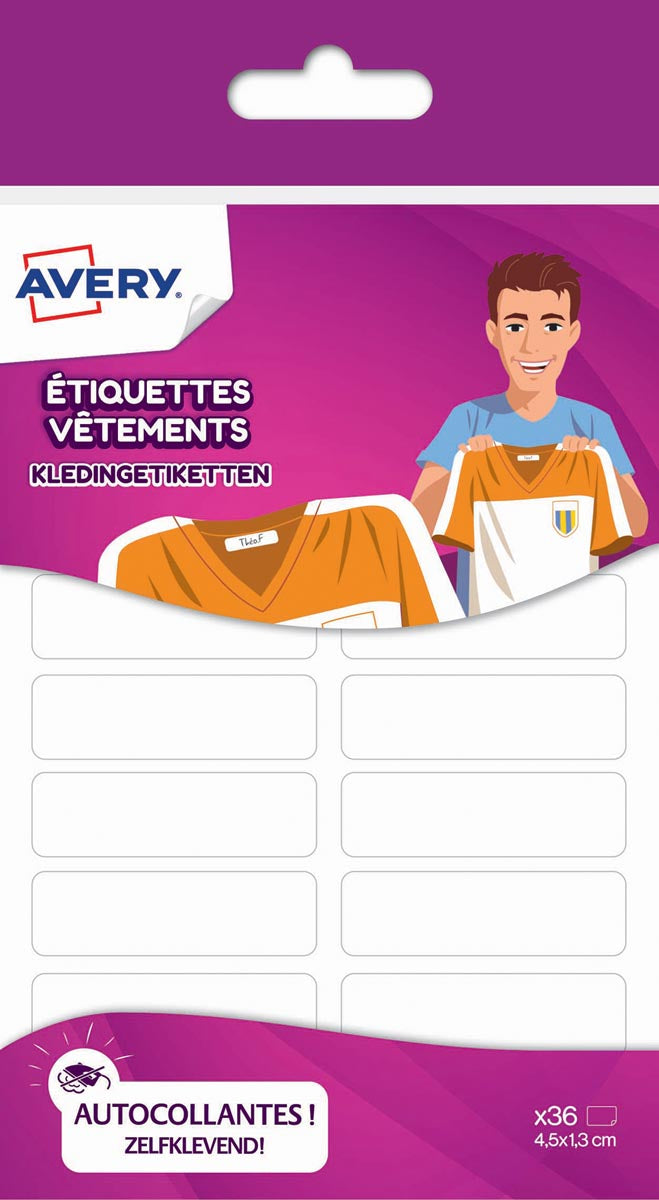 Avery - Family kledingetiketten, ft 4,5 x 1,3 cm, wit, ophangbare etui met 36 etiketten