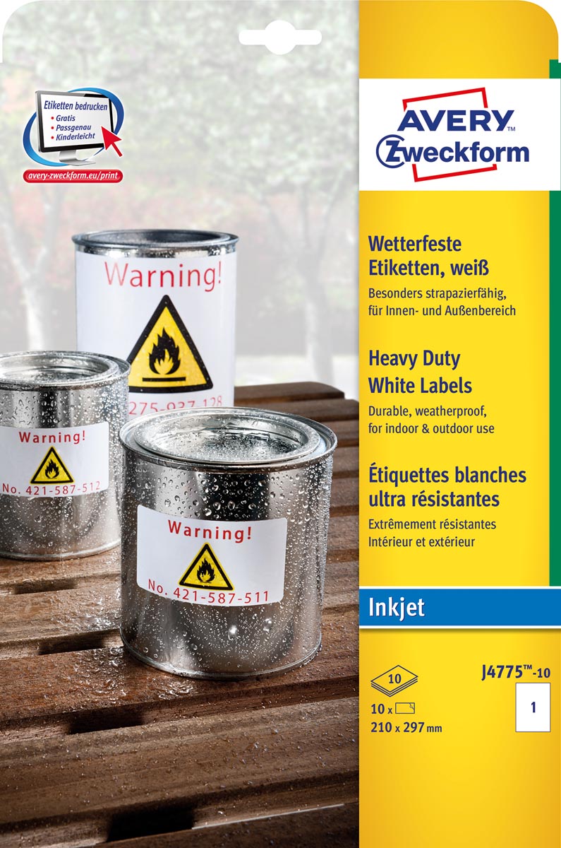 Avery Zweckform – wetterfeste Etiketten ft 210 x 297 mm (B x H), 10 Stück, 1 pro Blatt