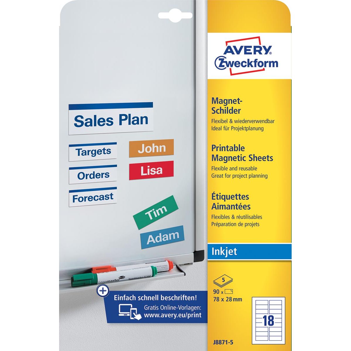 Avery Zweckform - Zweckform magneetetiketten, ft 78 x 28 mm, zonder coating, 90 etiketten, wit