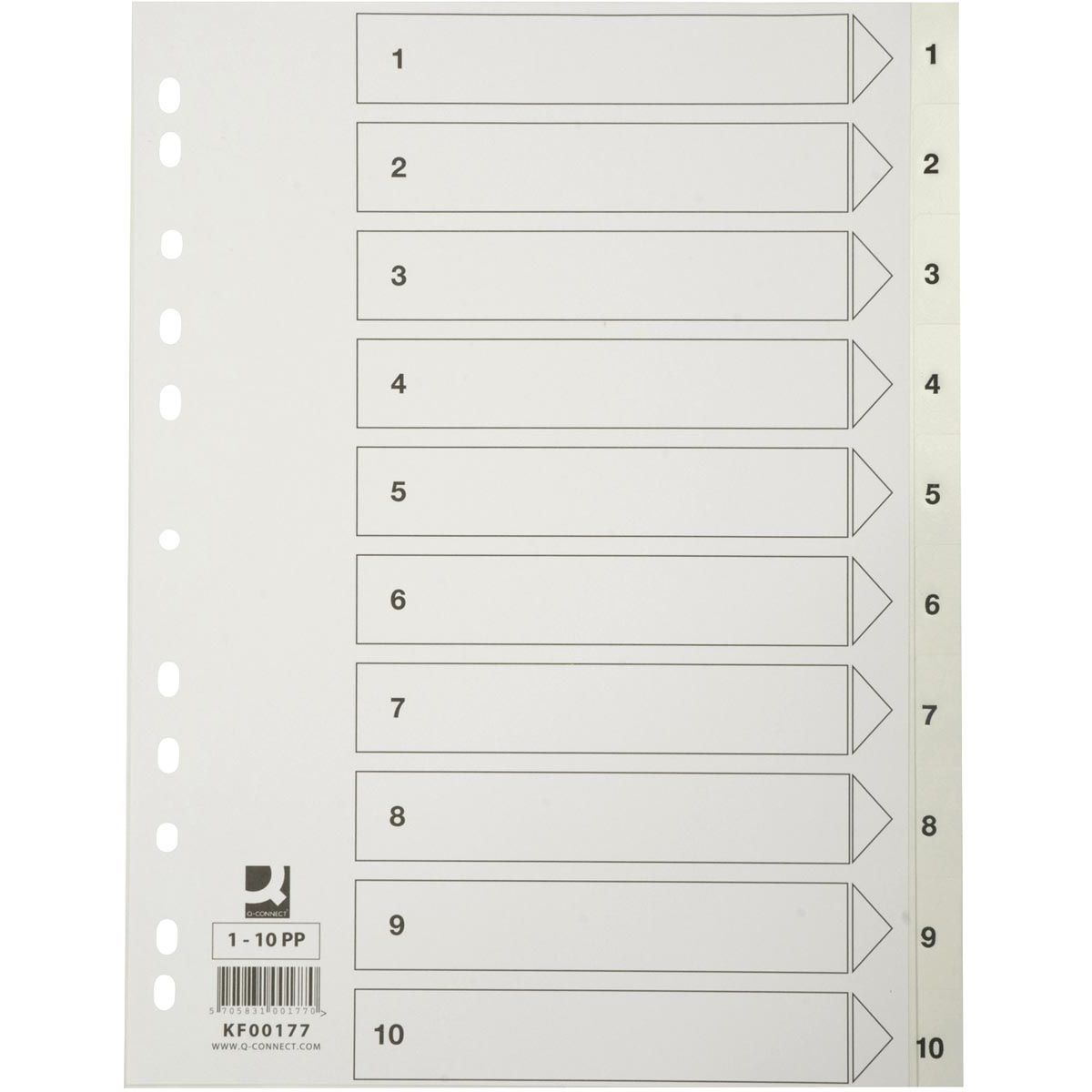Q-CONNECT - tabbladen, A4, PP, 11-gaatsperforatie,met indexblad, set van 1-10, wit