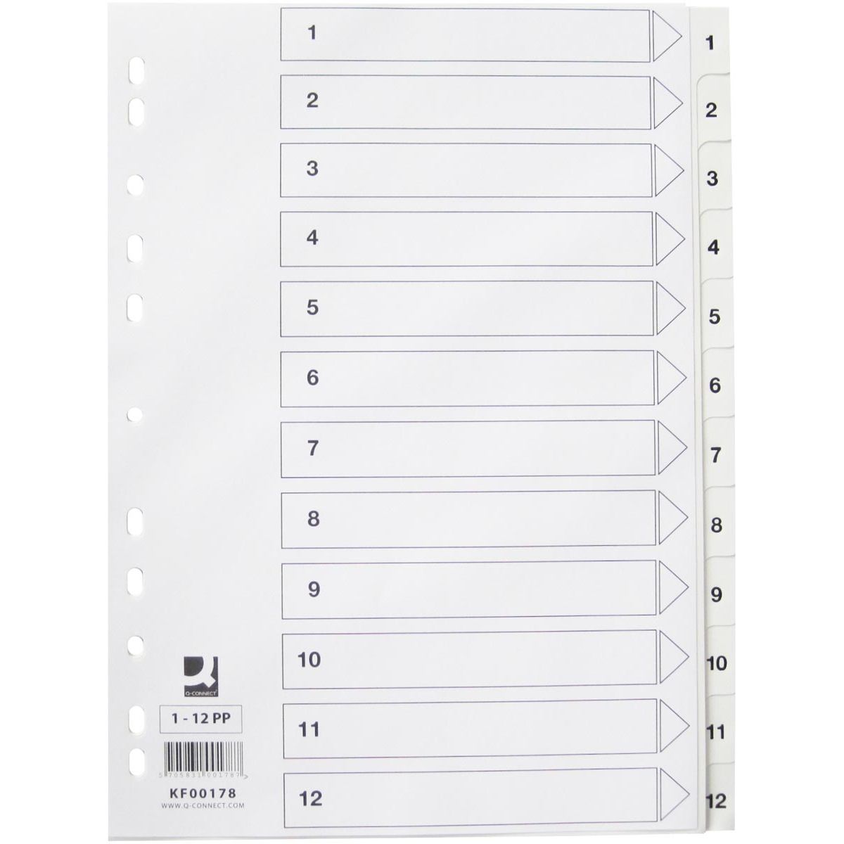 Q-CONNECT - onglets, A4, PP, perforation 11 trous, avec feuille d'index, jeu de 1-12, blanc