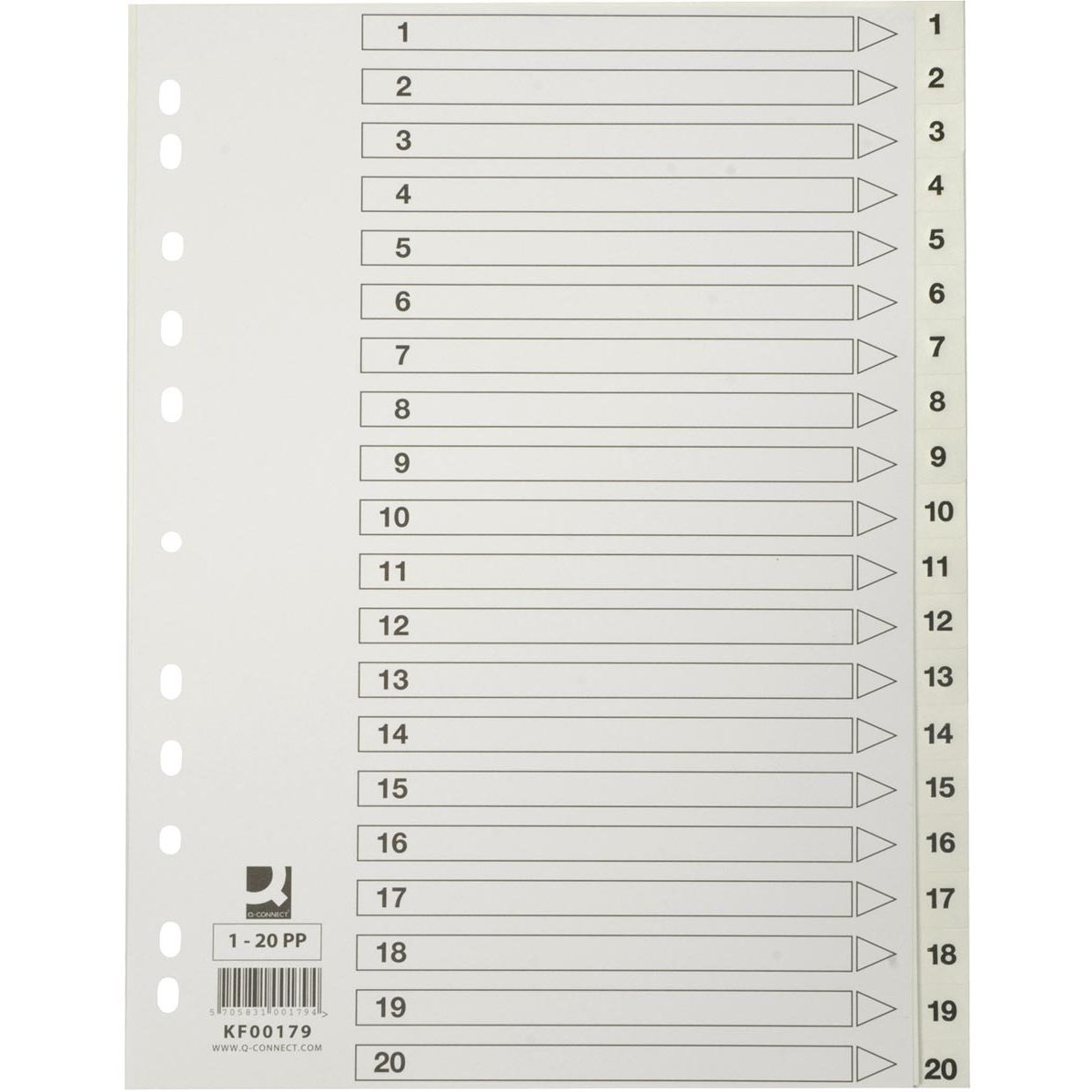 Q-CONNECT - onglets, A4, PP, perforation 11 trous, avec feuille d'index, jeu de 1-20, blanc