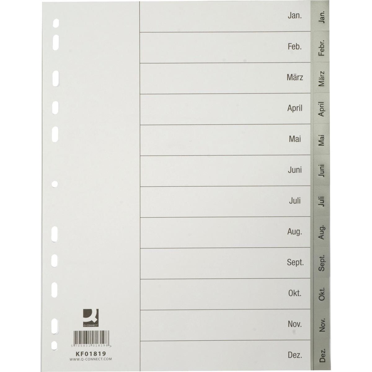 Q-CONNECT - Registerblätter, A4, PP, 11-Loch-Lochung, mit Registerblatt, Set von Jan-Dez, grau