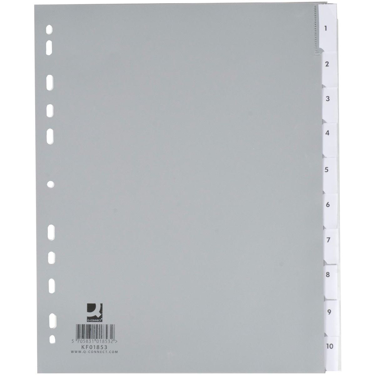 Q-CONNECT - onglets, A4, PP, perforation 11 trous, 10 onglets, gris