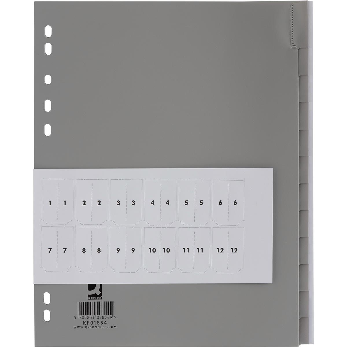 Q-CONNECT - onglets, A4, PP, perforation 11 trous, 12 onglets, gris