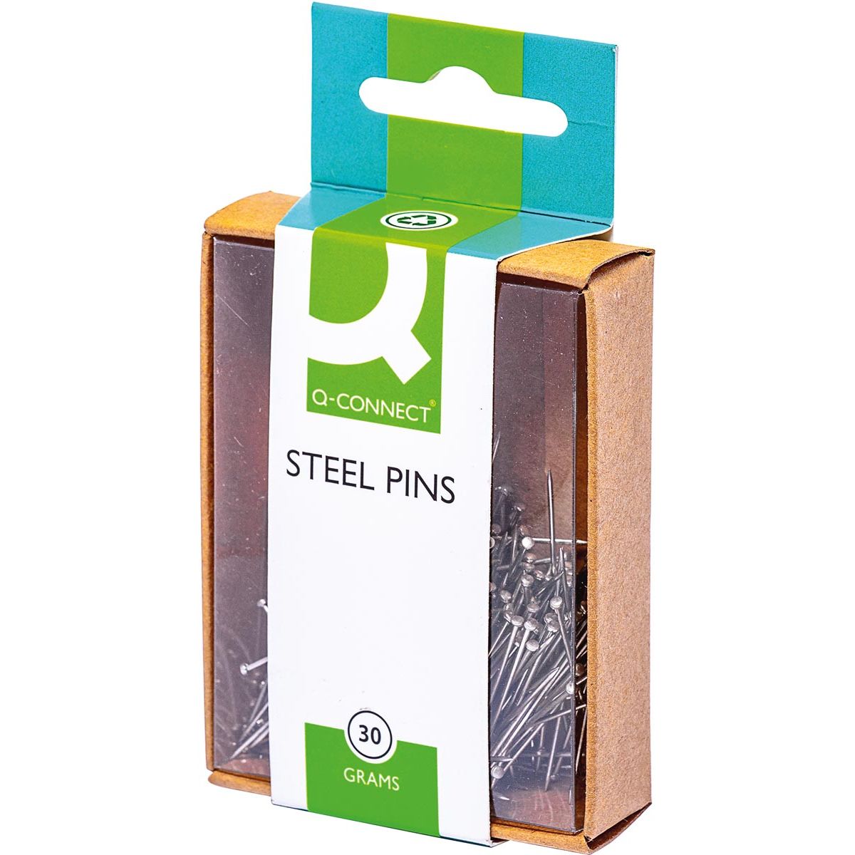 Q-CONNECT - kopspelden, 0,85 x 30 mm, vernikkeld, doos van 30 gram
