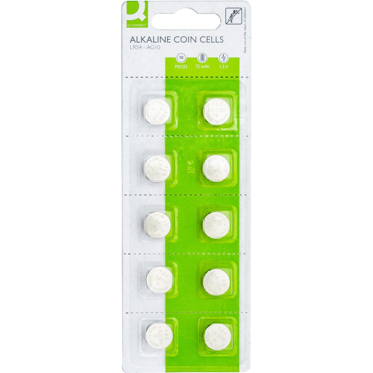 Q-CONNECT - knoopcel, alkaline, LR54, blister van 10 stuks