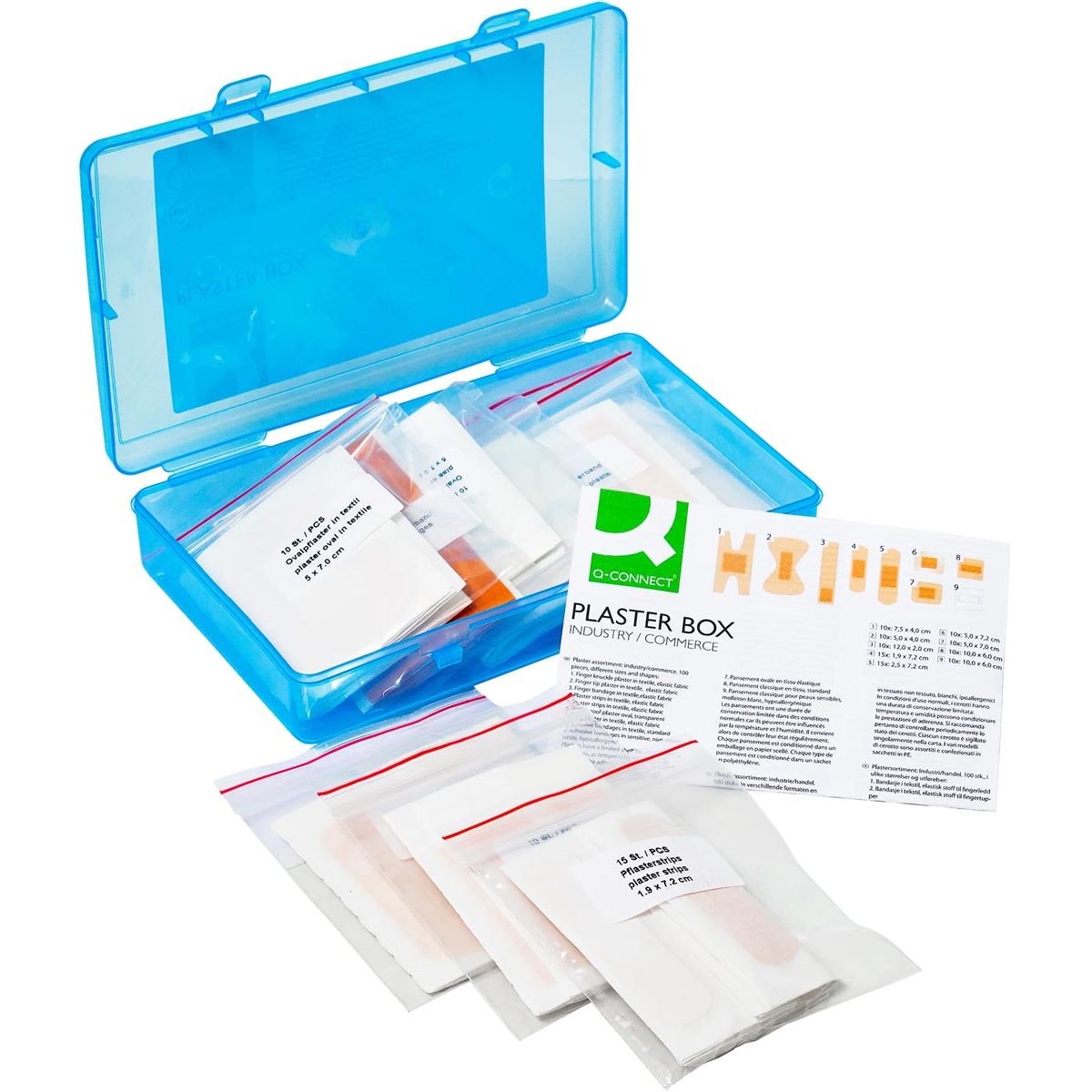 Q-CONNECT - pleisters, assortiment van 100 stuks, in hersluitbare plastic box