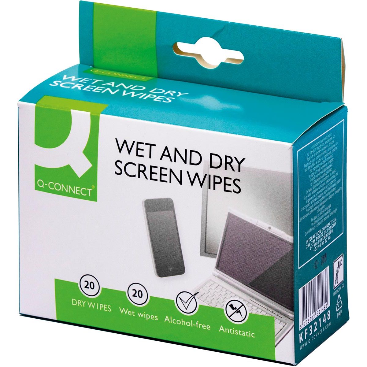 Q-CONNECT - Wet Dry beeldschermreinigingsdoekjes, doos van 20 paar (1 Wet en 1 Dry)