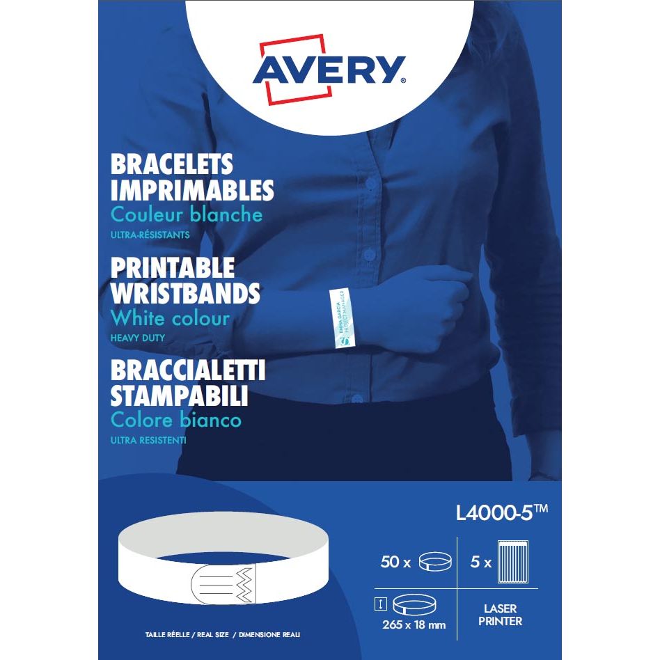 Avery – bedruckbare Armbänder, ft 18 x 265 mm, weiß, Packung mit 50 Etiketten