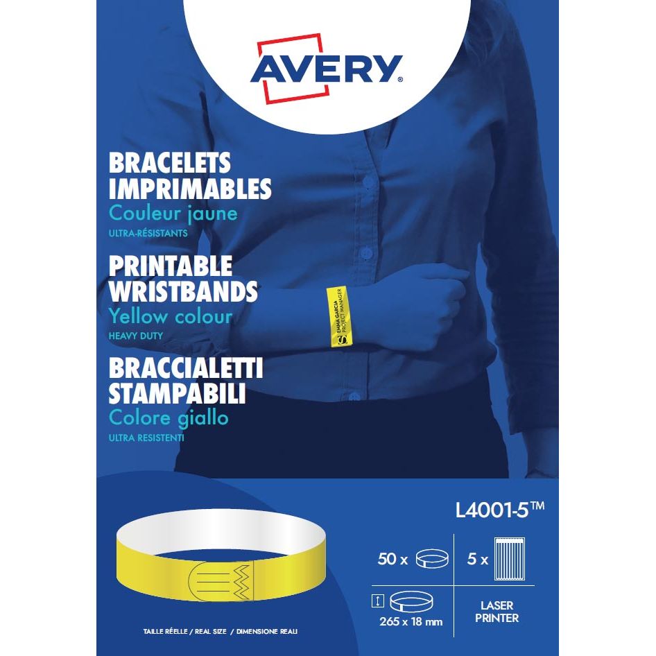 Avery - bedrukbare polsbandjes, ft 18 x 265 mm, geel, pak van 50 etiketten