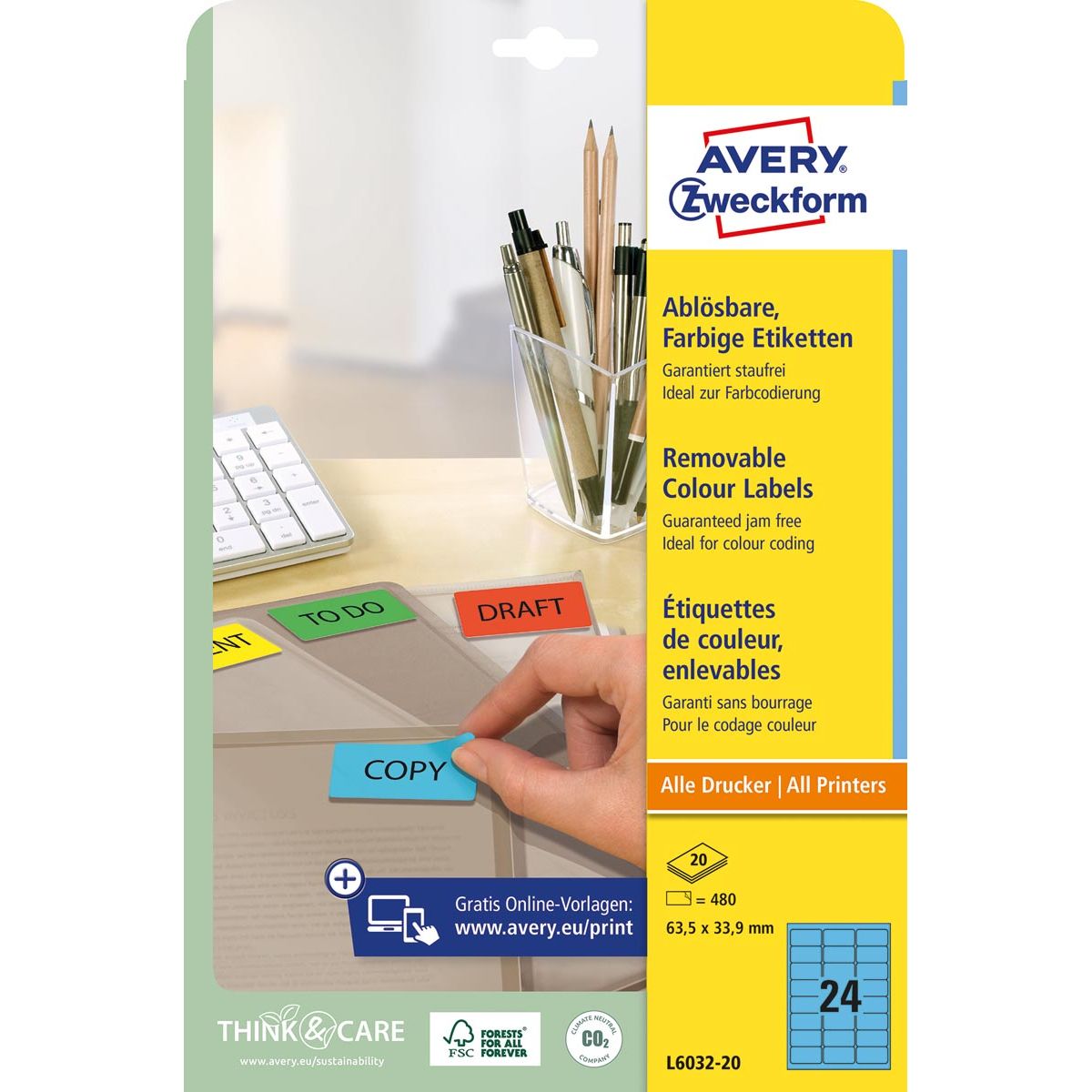 Avery Zweckform – ablösbare farbige Etiketten, 63,5 x 33,9 mm (B x H), 480 Stück, 24 pro Blatt, blau