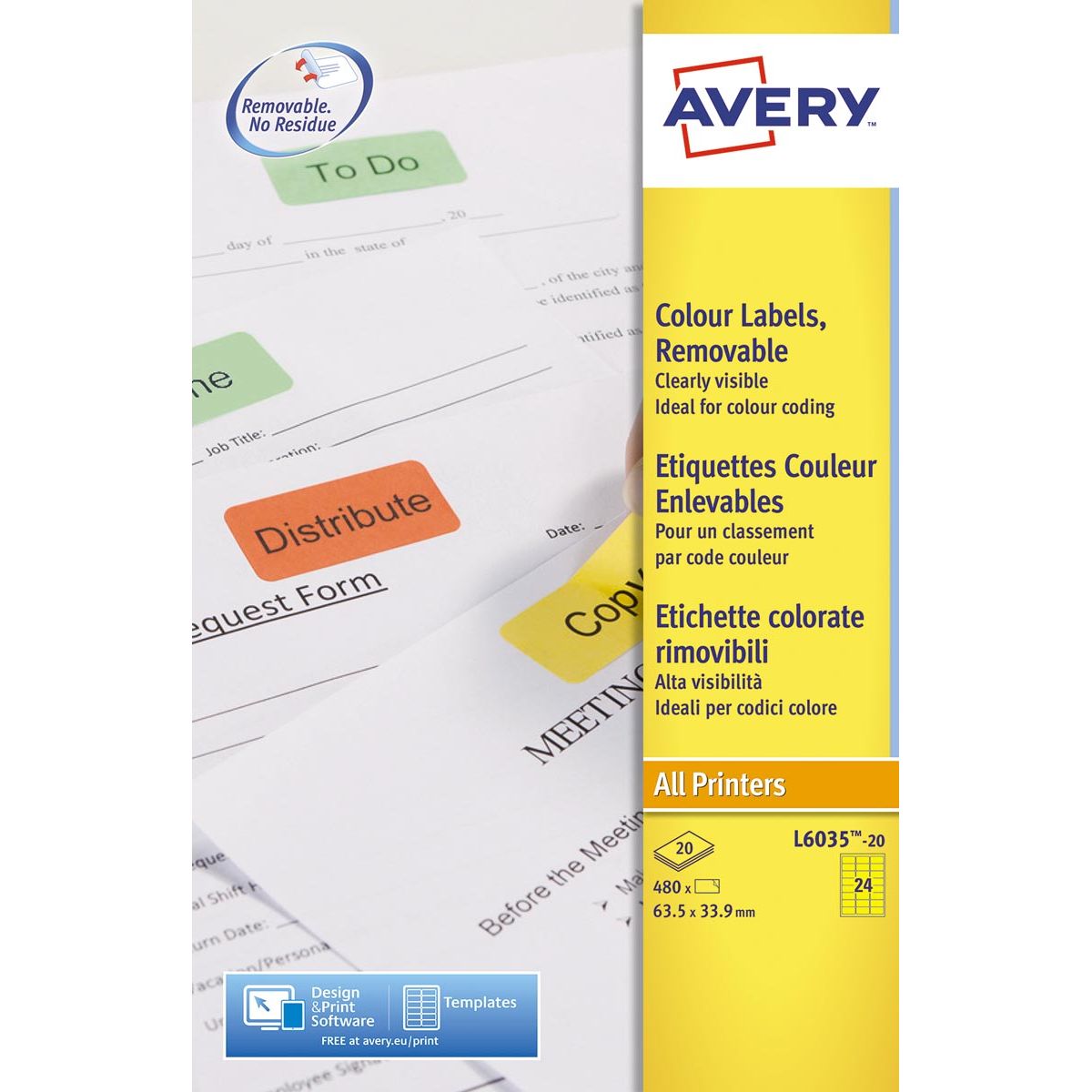 Avery Zweckform - Étiquettes colorées amovibles ft 63,5 x 33,9 mm (l x h), 480 pièces, 24 par feuille, jaune