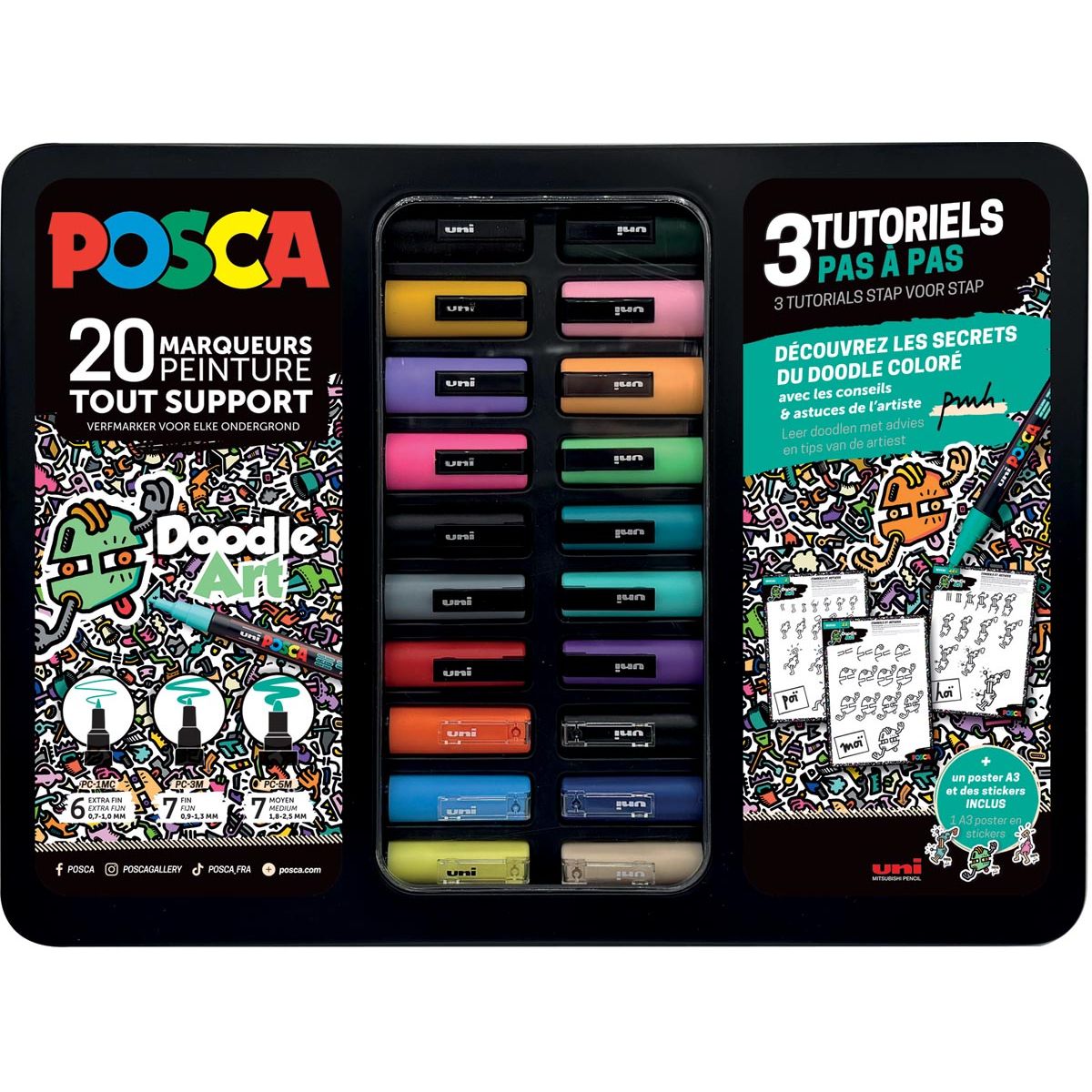 Posca - Uni paintmarker Doodle Art, verschillende punten, metalen koffer van 20 stuks