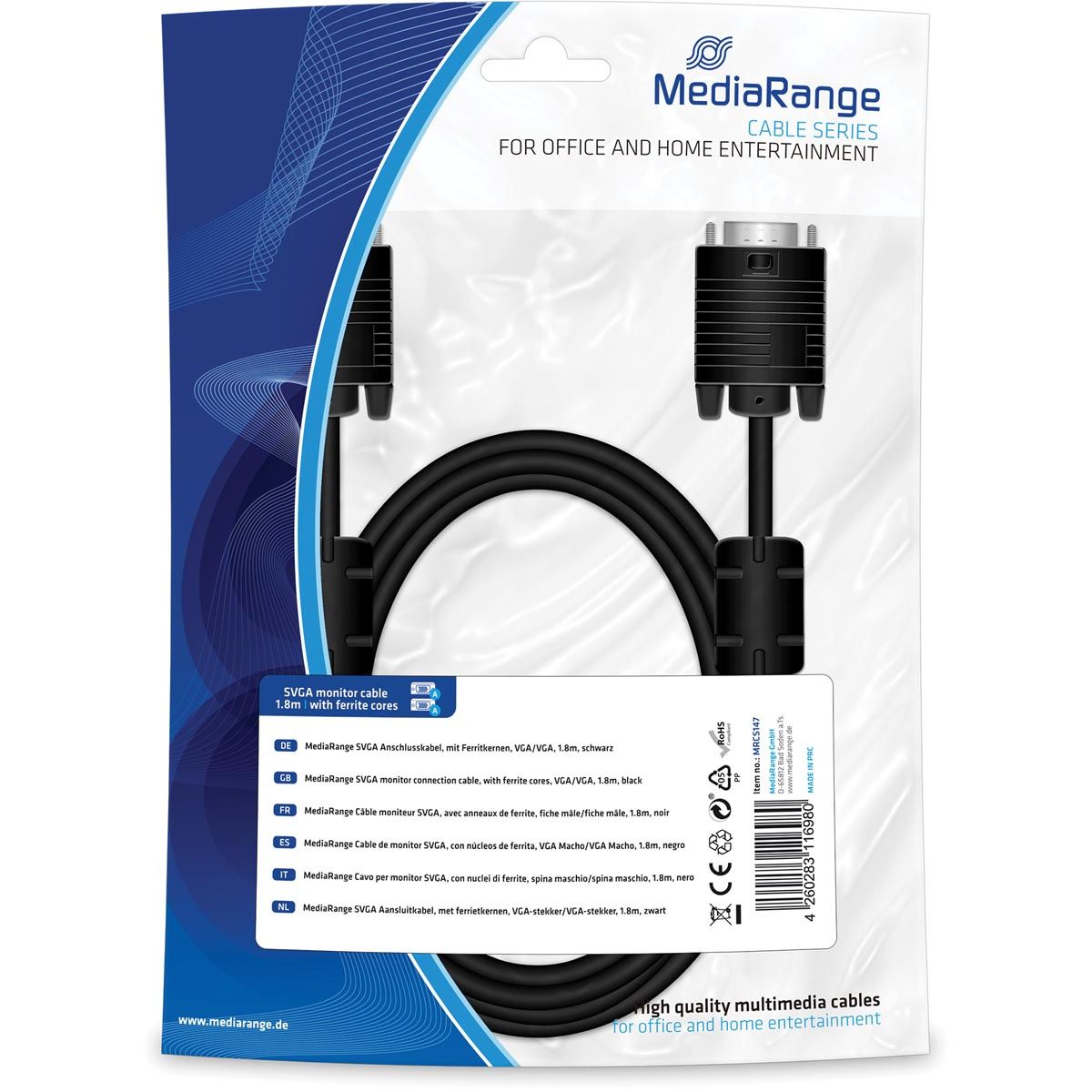 MediaRange - Câble de connexion SVGA, avec noyaux de ferrite, 1,8 m