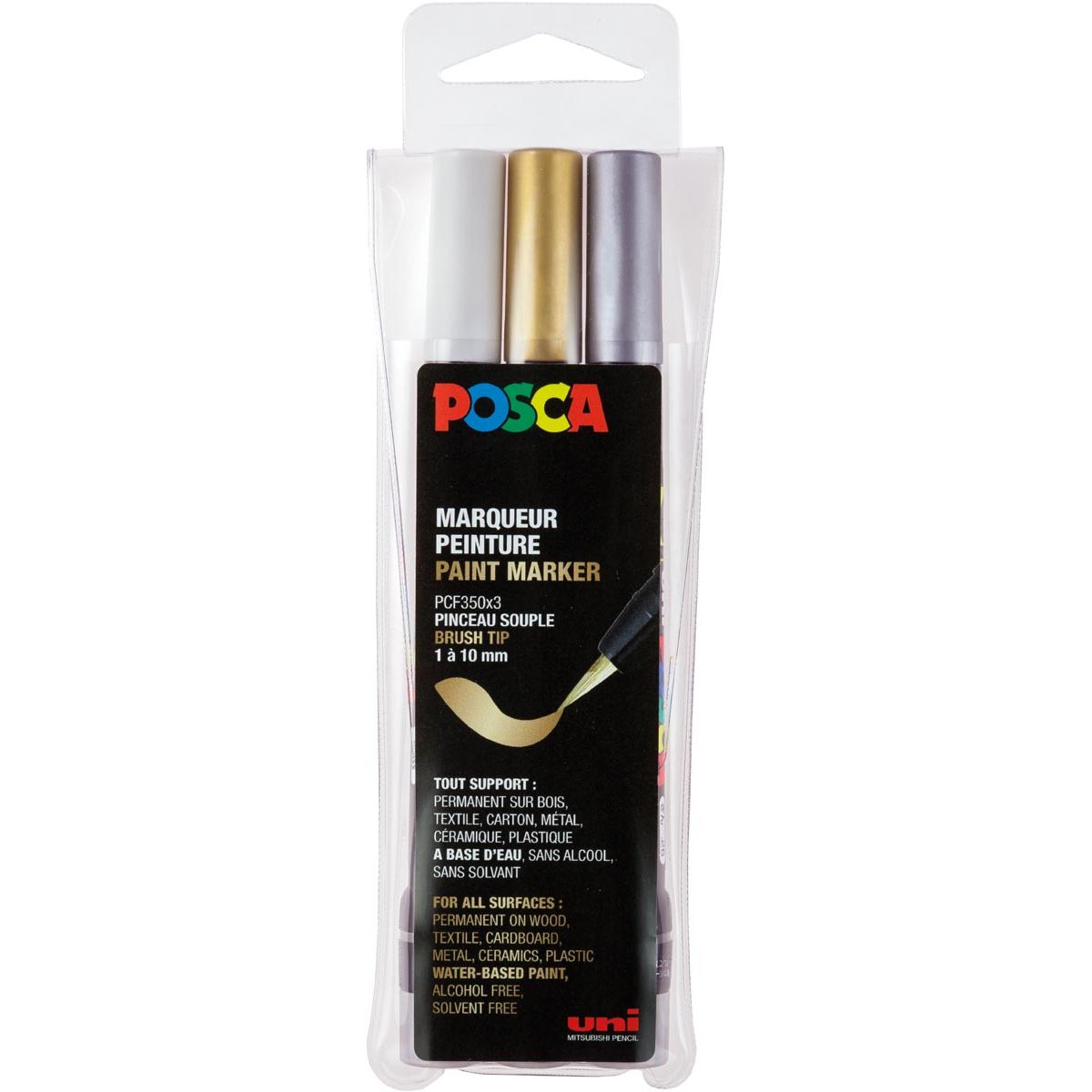 Posca - Lackmarker PCF-350, Pinselspitze, 3er-Packung, sortiert (Gold, Silber und Weiß)