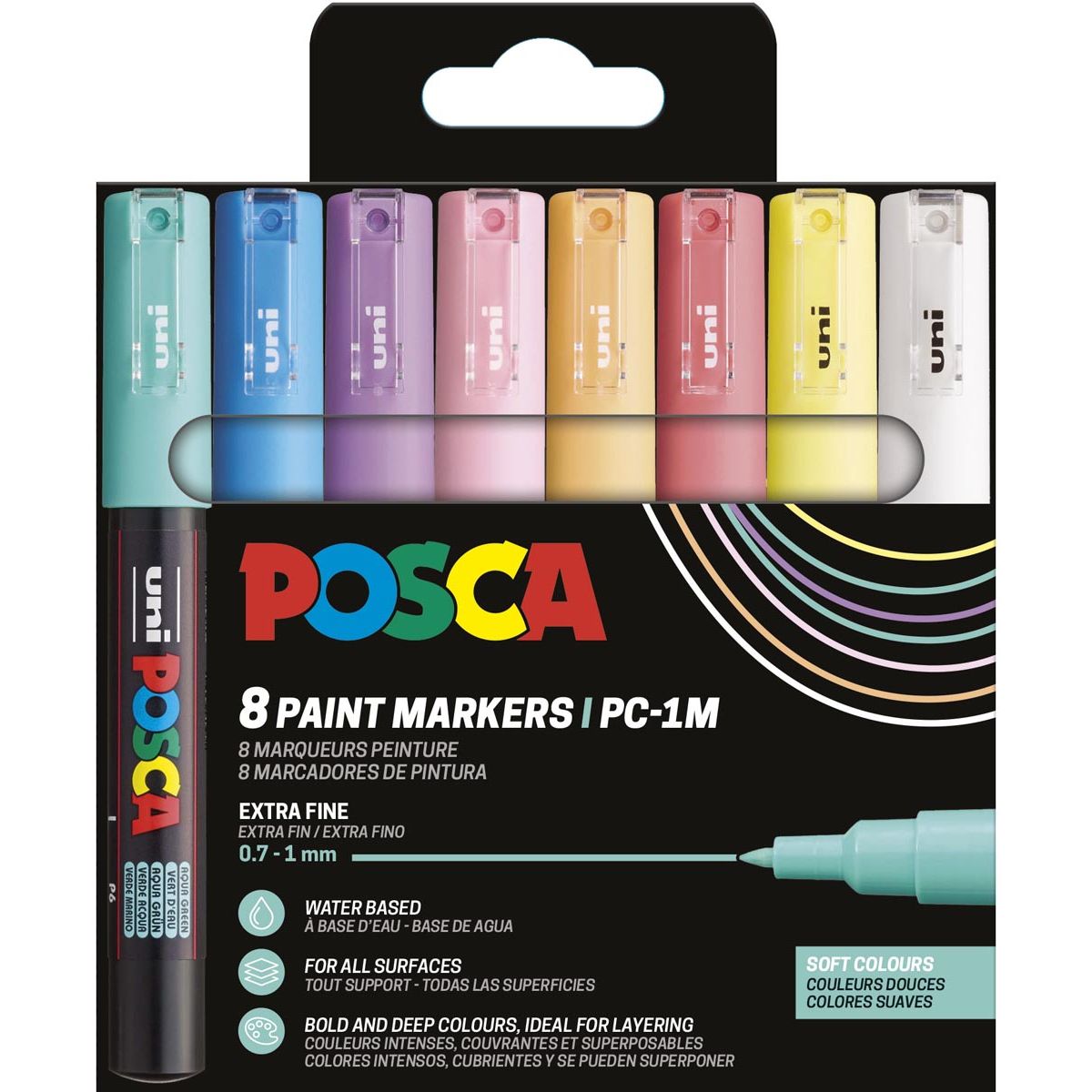 Posca - Uni paintmarker PC-1MC, 0,7 1 mm, etui van 8 stuks in geassorteerde zachtekleuren