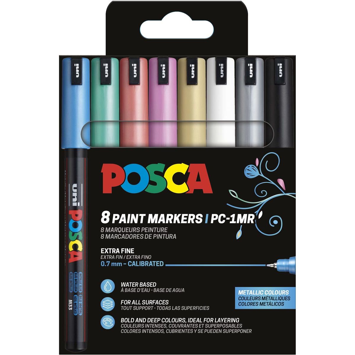 Posca – Uni-Farbmarker PC-1MR, 0,7 mm, Karton mit 8 Stück in verschiedenen Metallic-Farben