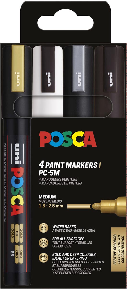 Posca - Uni-Farbmarker PC-5M, 1,8 2,5 mm, Karton mit 4 Stück Gold, Weiß, Silber und Schwarz