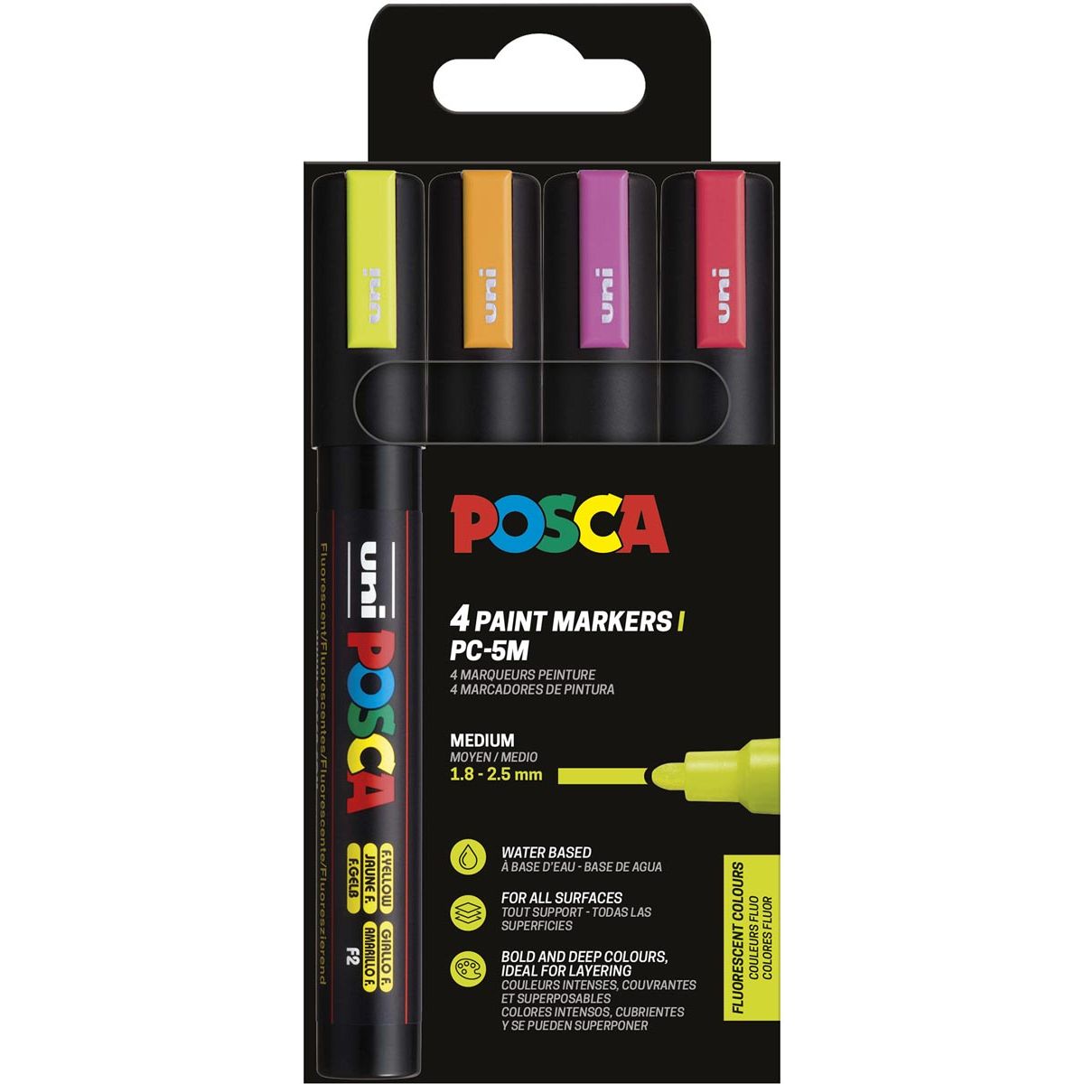 Posca - Uni paintmarker PC-5M, 1,8 2,5 mm, etui van 4 stuks in fluo kleuren