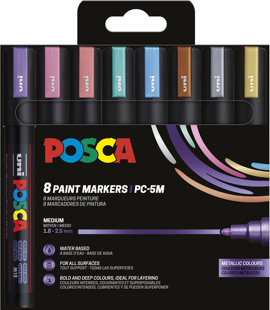 Posca - Uni-Farbmarker PC-5M, 1,8 2,5 mm, Karton mit 8 Stück in Metallic-Farben